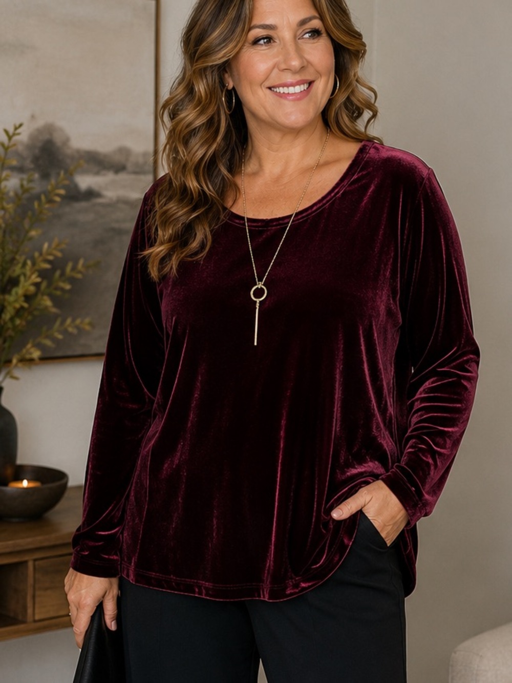 Eileen Fisher Burgundy Velvet Long Sleeve Top | Size 3X | 80% Viscose 20% Silk